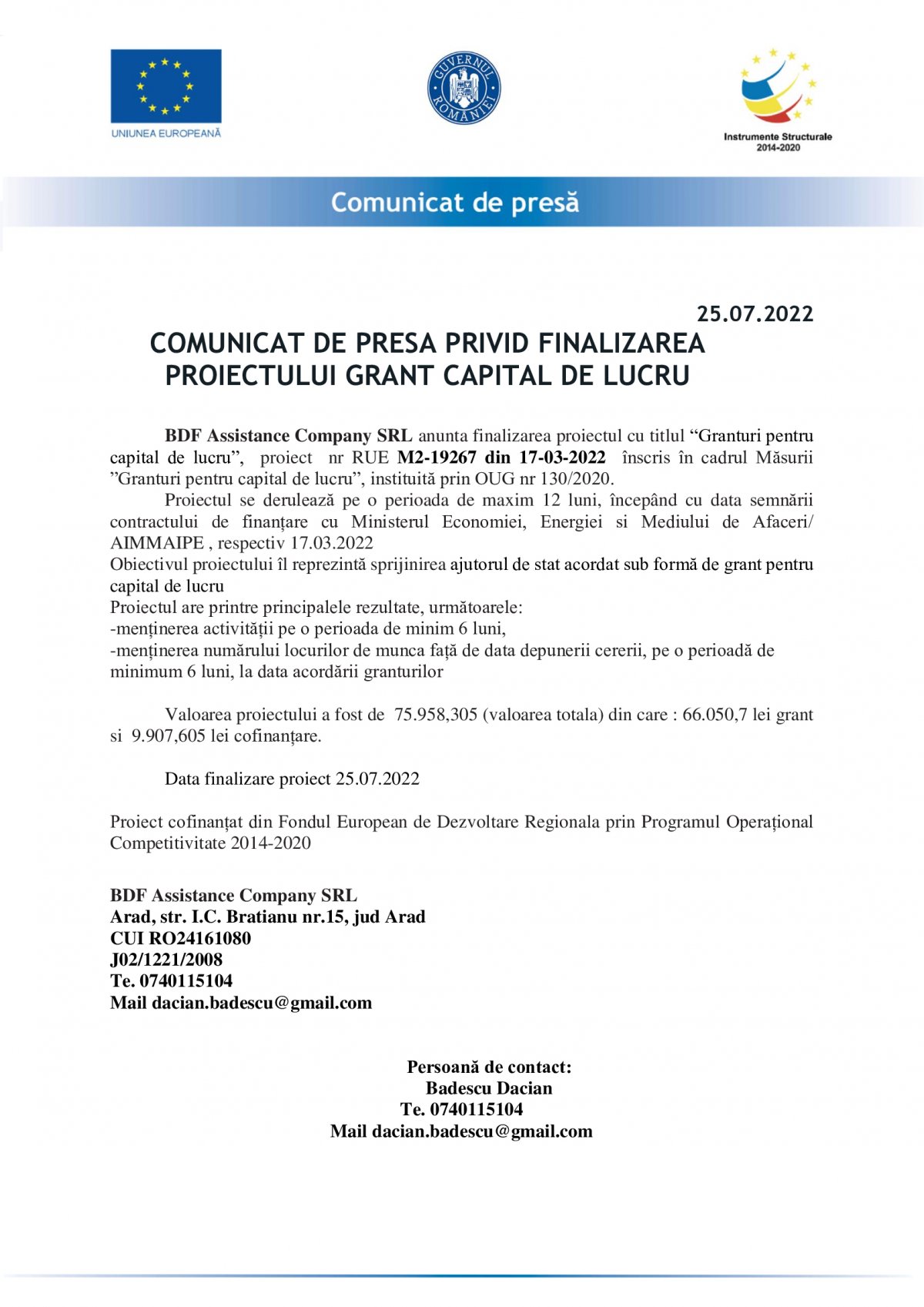 COMUNICAT DE PRESA PRIVID FINALIZAREA PROIECTULUI GRANT CAPITAL DE LUCRU