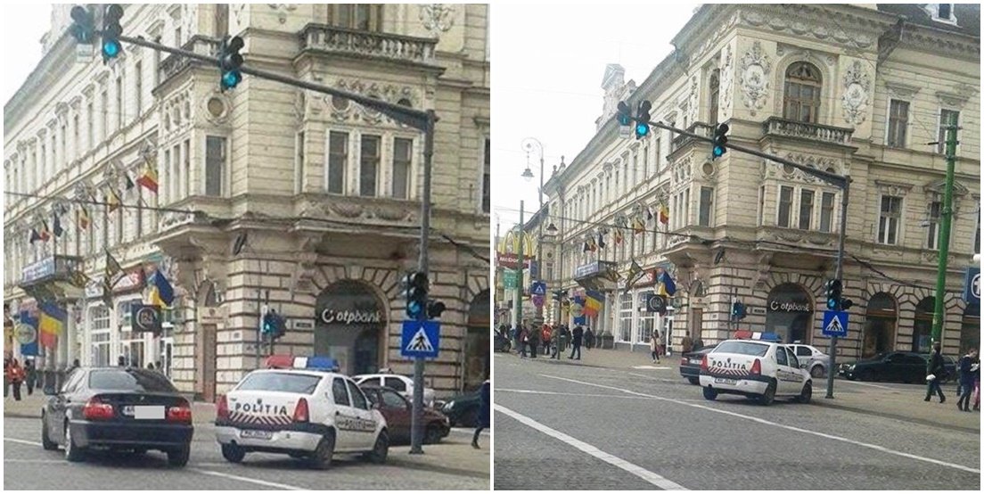 FOTO | Acest polițist din Arad și-a permis să parcheze la colțul străzii, în buricul orașului, încurcând circulația