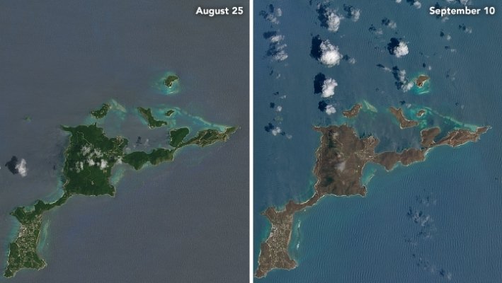 Distrugerile Uraganului Irma se văd din satelit. Cum arată insulele măturate de ciclon, ÎNAINTE şi DUPĂ