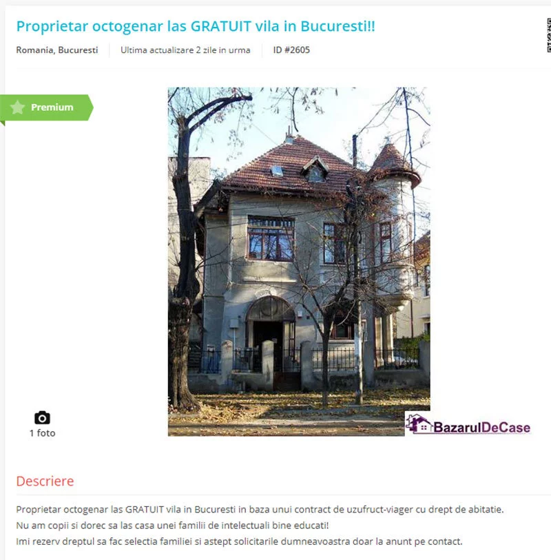 Un anunţ imobiliar a devenit viral pe reţelele de socializare. „Proprietar octogenar lasă GRATUIT vilă în Bucureşti!” Care sunt condiţiile