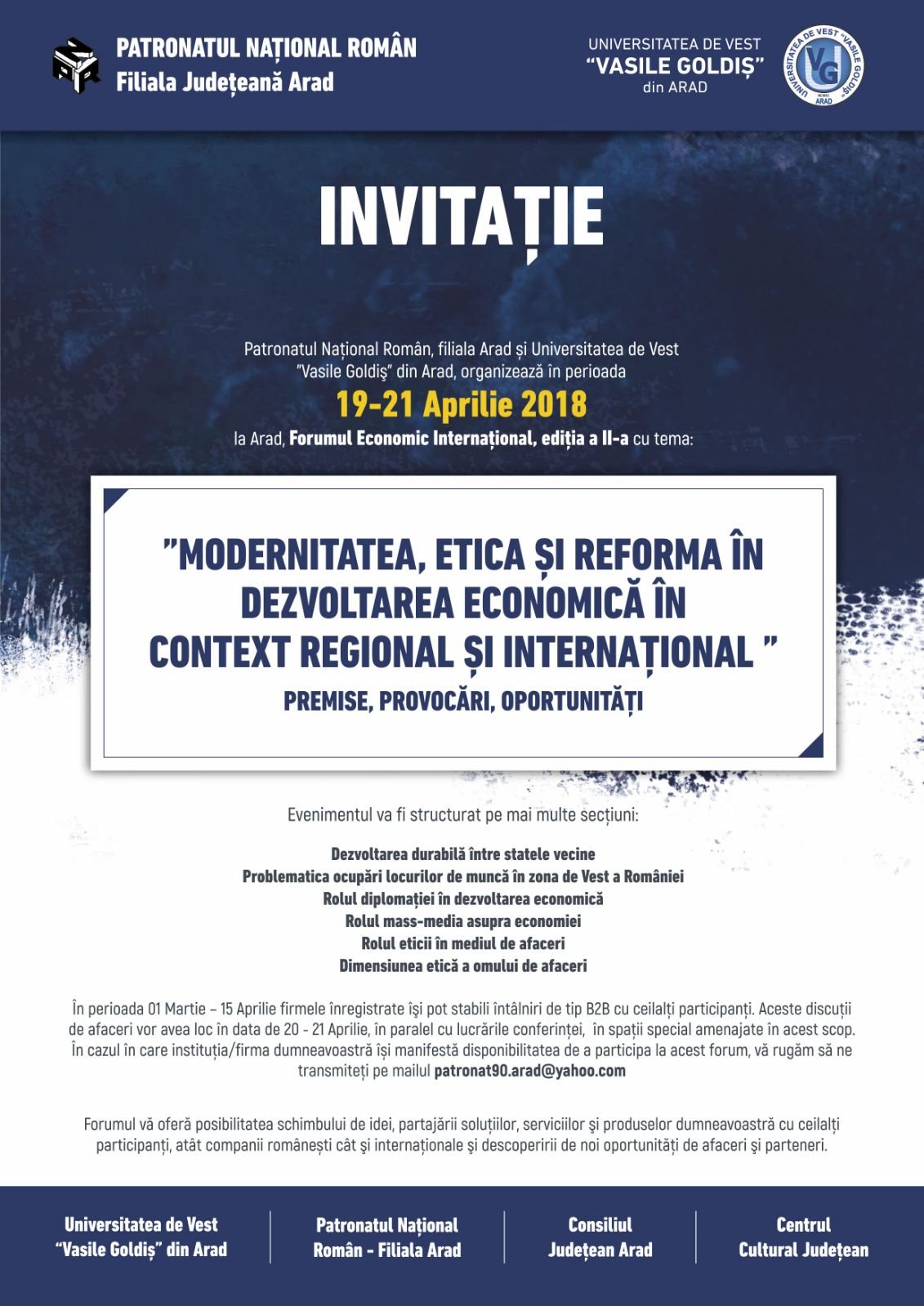 Forum Economic Internațional, în organizarea Patronatului Naţional Român şi Universitatea de Vest „Vasile Goldiş”