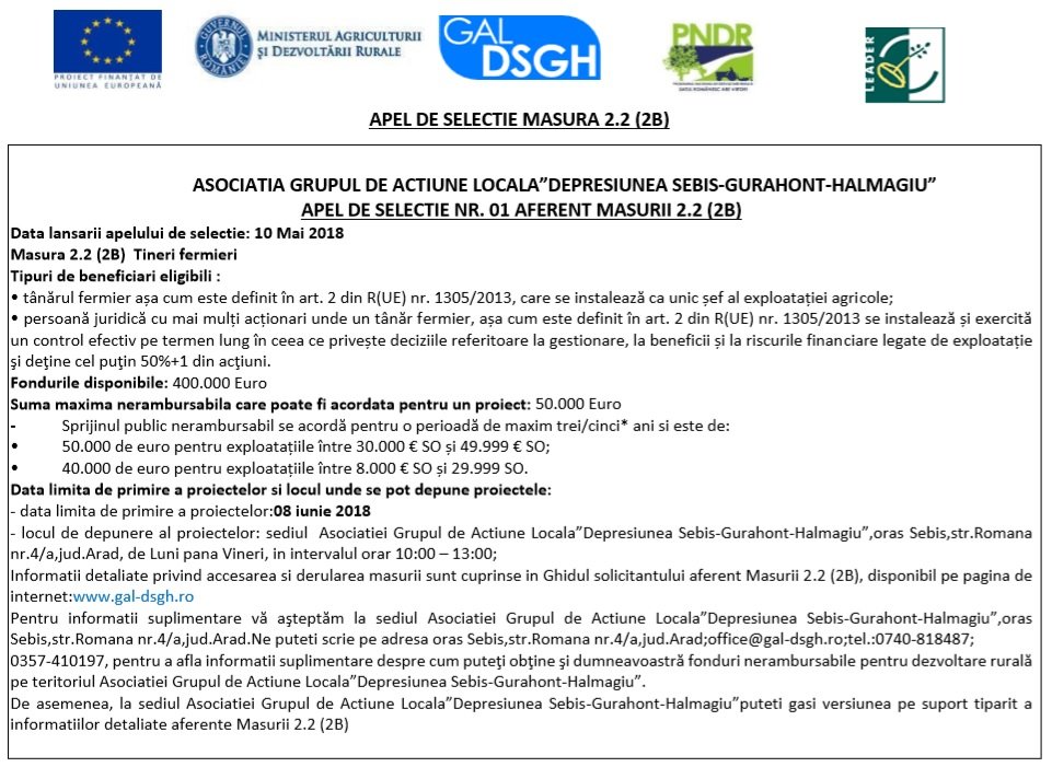 ASOCIATIA GRUPUL DE ACTIUNE LOCALA”DEPRESIUNEA SEBIS-GURAHONT-HALMAGIU”  APEL DE SELECTIE NR. 01 AFERENT MASURII 2.2 (2B)