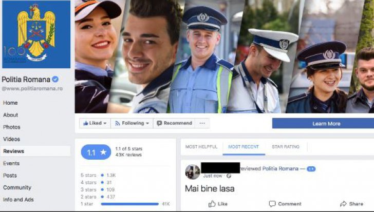 După zeci de mii de recenzii negative, Poliția Română închide această secțiune de pe Facebook