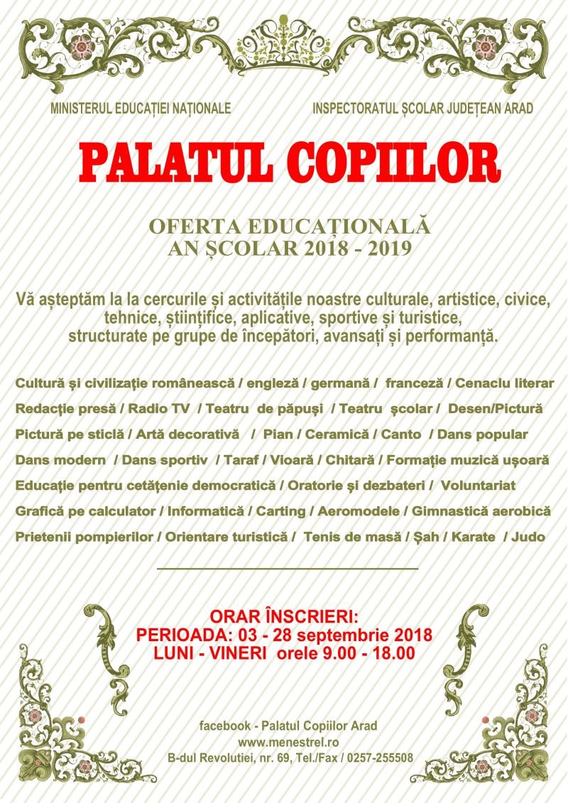 Vor incepe înscrierile la Palatul Copiilor Arad. Vezi la ce activități poate fi înscris copilul și care este oferta educațională a cercurilor