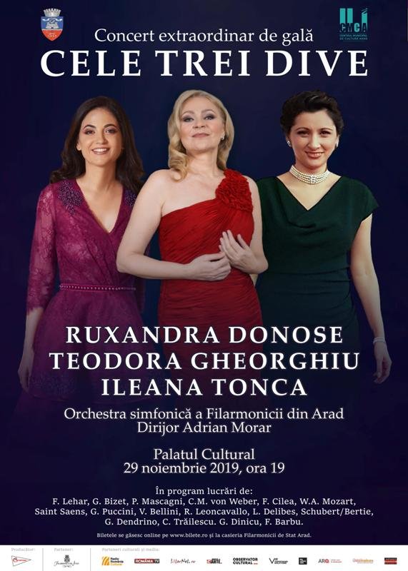 Trei dive pe o scenă încărcată de istorie: Ruxandra Donose, Teodora Gheorghiu şi Ileana Tonca în concert la Palatul Cultural din Arad