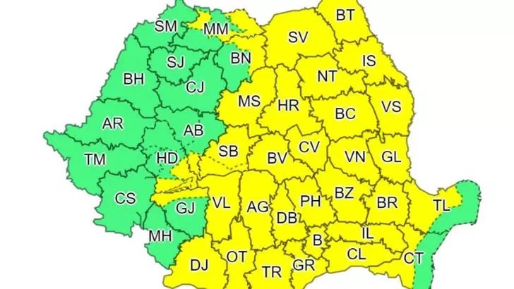 Cod galben, în vigoare, pe teritoriul României - Avertizările de la meteorologi