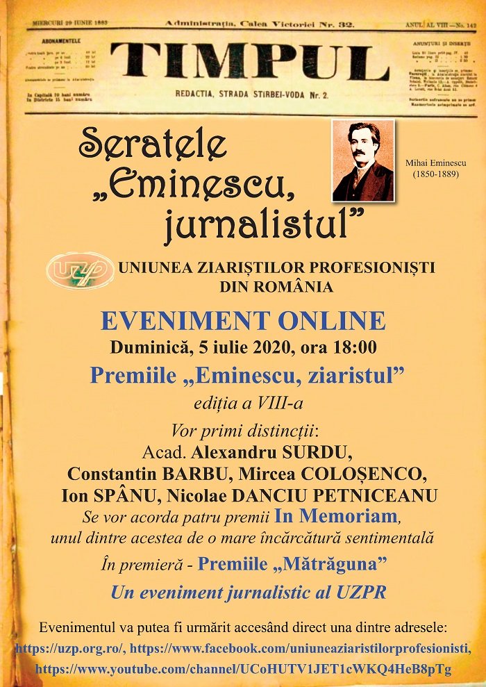 Un nou eveniment online organizat de UZPR: „Seratele Eminescu, jurnalistul”, astăzi de la ora 18