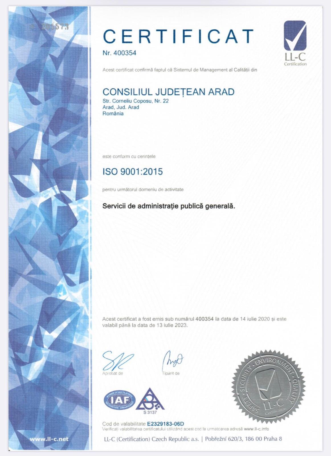 Certificare ISO 9001:2015, pentru Consiliul Județean Arad
