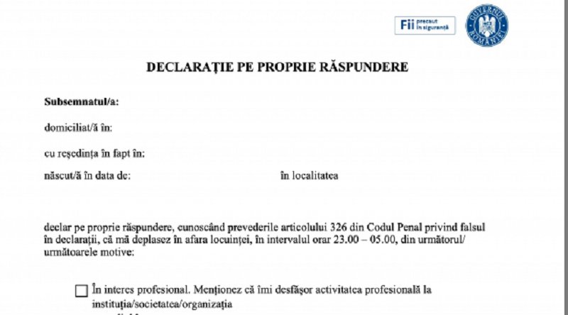 Model DECLARAŢIE PE PROPRIA RĂSPUNDERE pentru deplasarea în intervalul 23:00-05:00