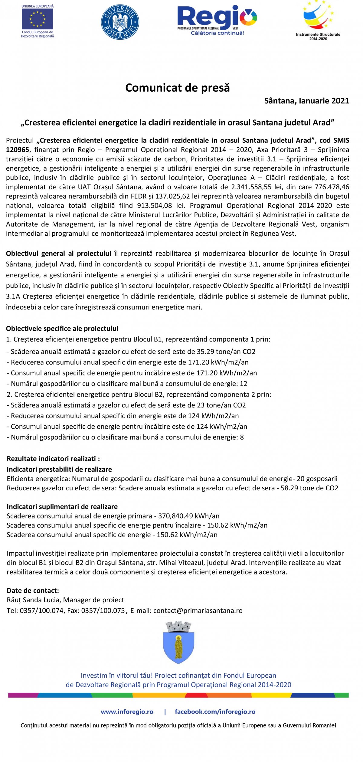 Comunicat de presă: „Cresterea eficientei energetice la cladiri rezidentiale in orasul Santana judetul Arad”