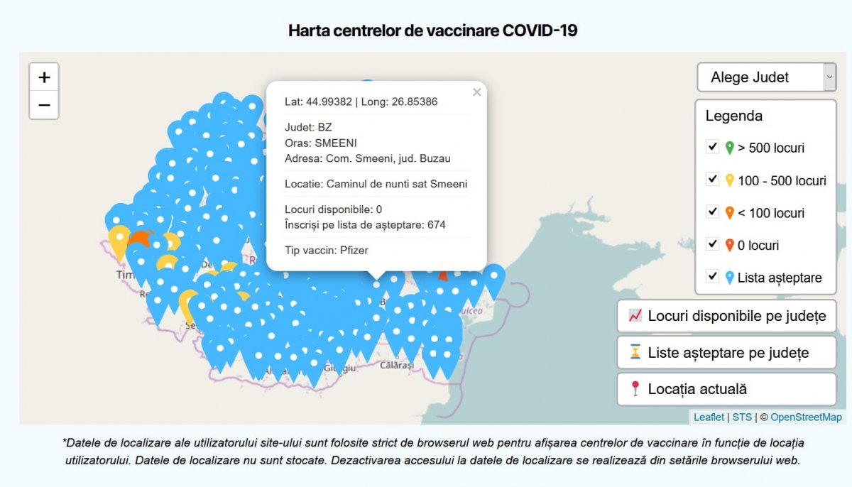 Harta interactivă a centrelor de vaccinare, pe tipuri de vaccin