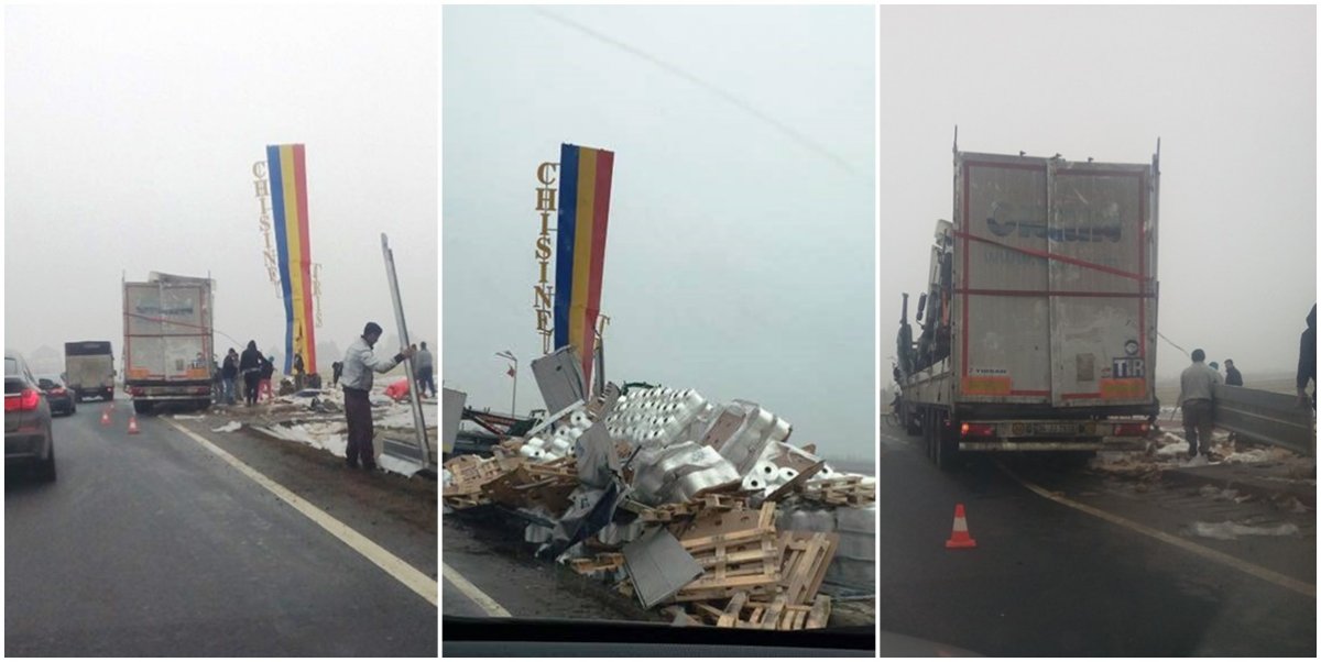 FOTO | Un TIR s-a răsturnat pe șoseaua Arad-Oradea. Marfa s-a împrăștiat pe drum