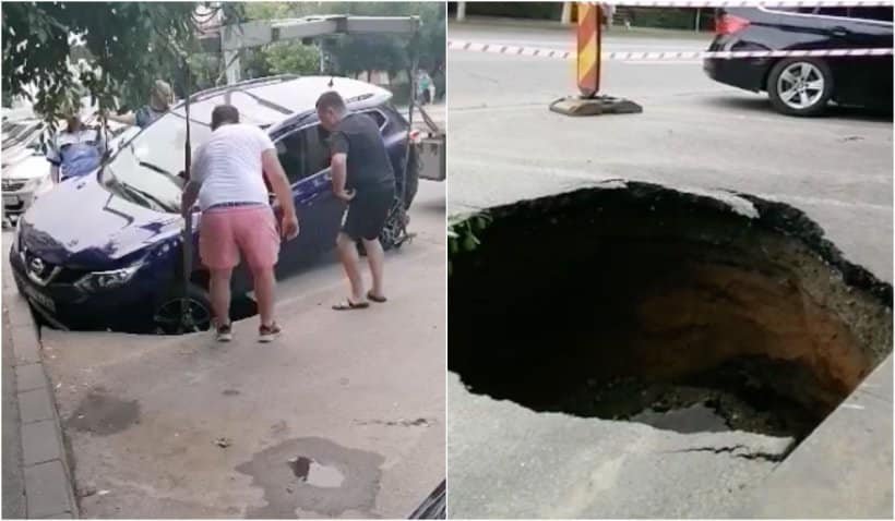 Un crater a înghiţit o maşină pe o stradă proaspăt asfaltată din Craiova