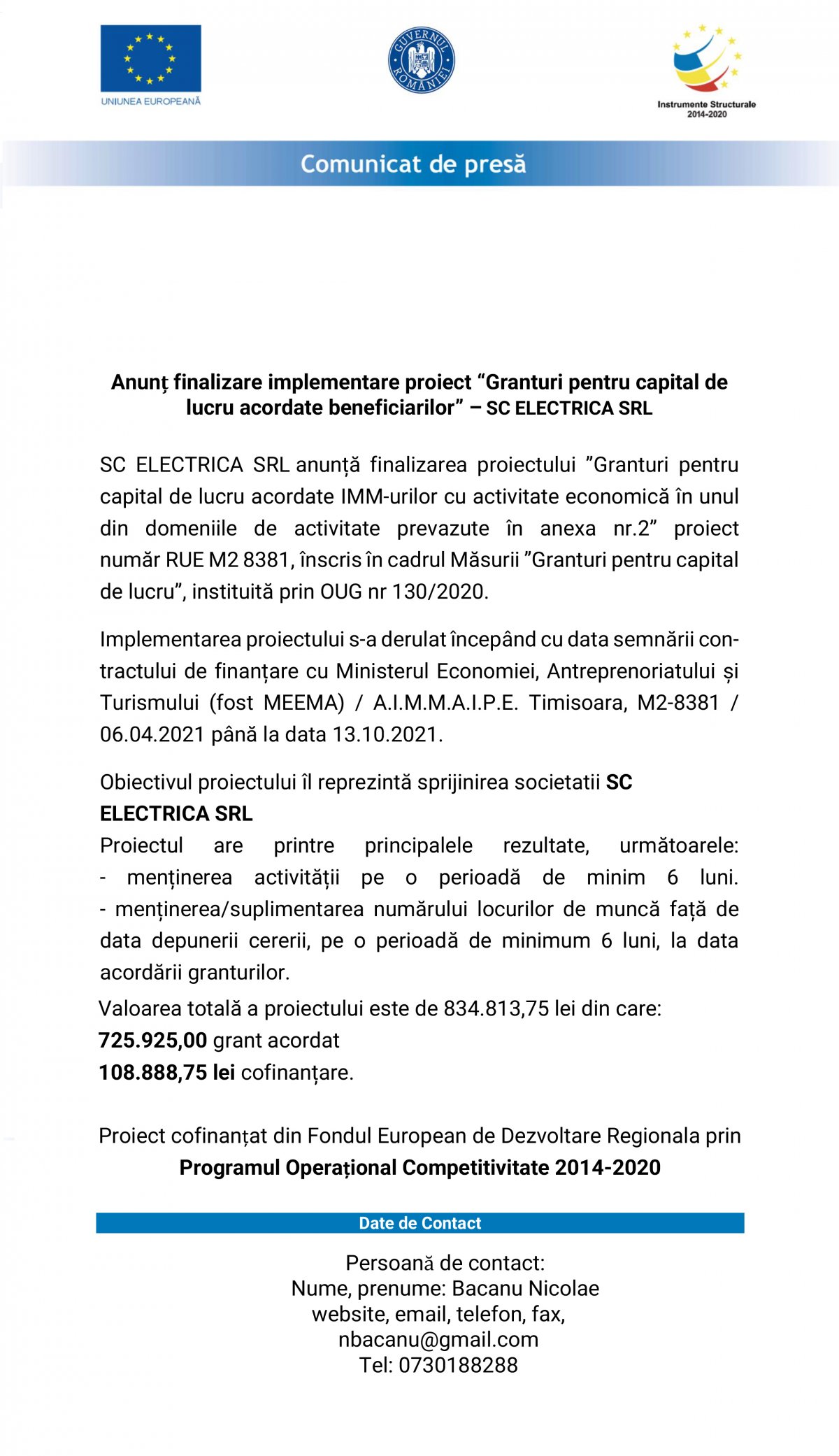 Anunț finalizare implementare proiect “Granturi pentru capital de lucru acordate beneficiarilor” – SC ELECTRICA SRL