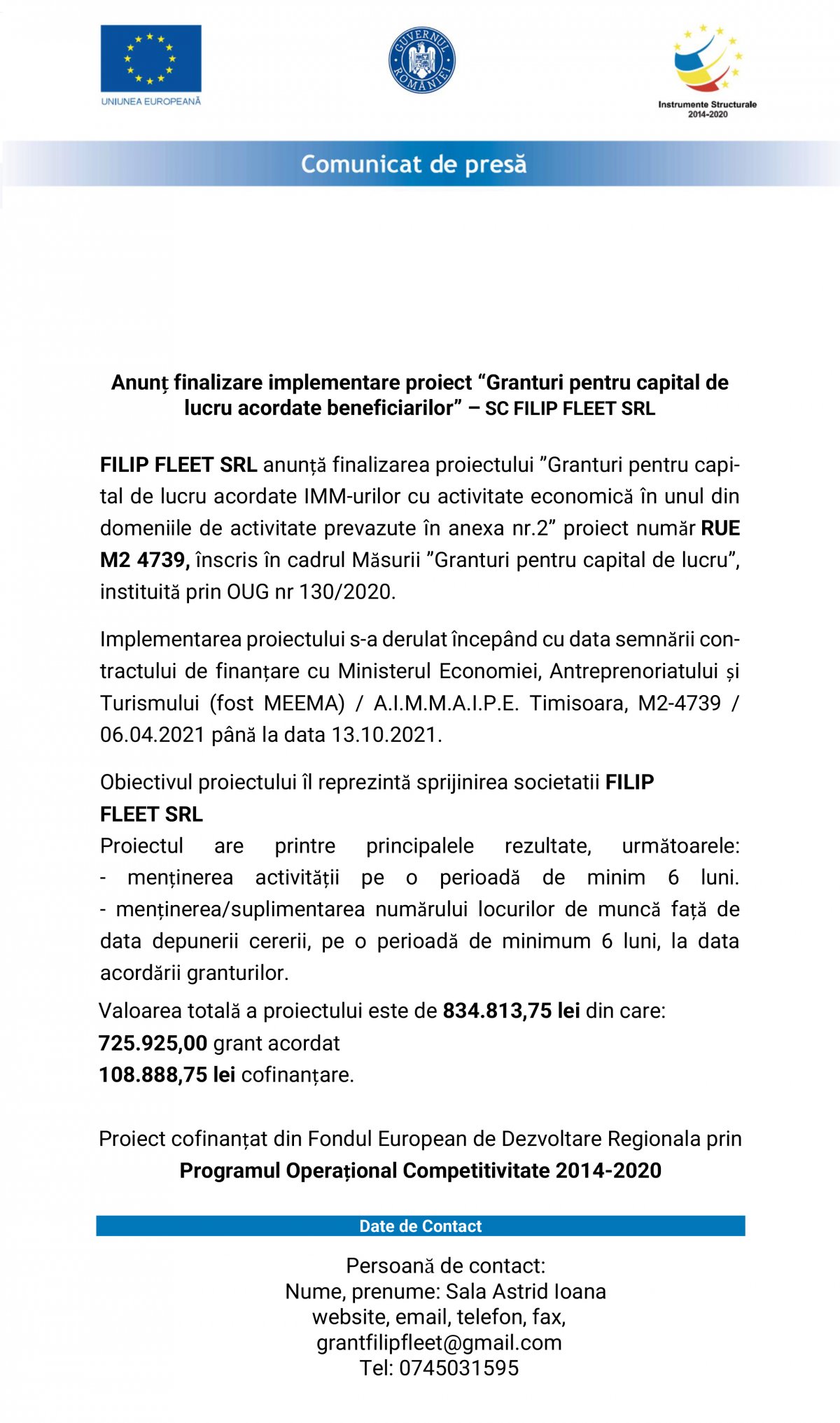 Anunț finalizare implementare proiect “Granturi pentru capital de lucru acordate beneficiarilor” – SC FILIP FLEET SRL