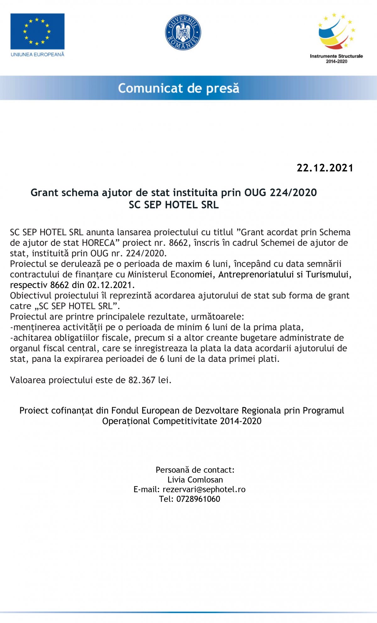Grant schema ajutor de stat instituita prin OUG 224/2020 SC SEP HOTEL SRL