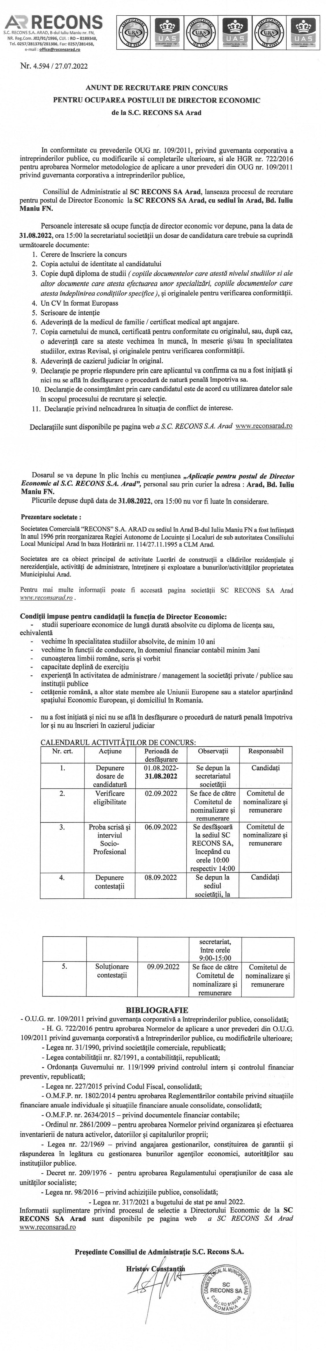 ANUNT DE RECRUTARE PRIN CONCURS PENTRU OCUPAREA POSTULUI DE DIRECTOR ECONOMIC de la S.C. RECONS SA Arad