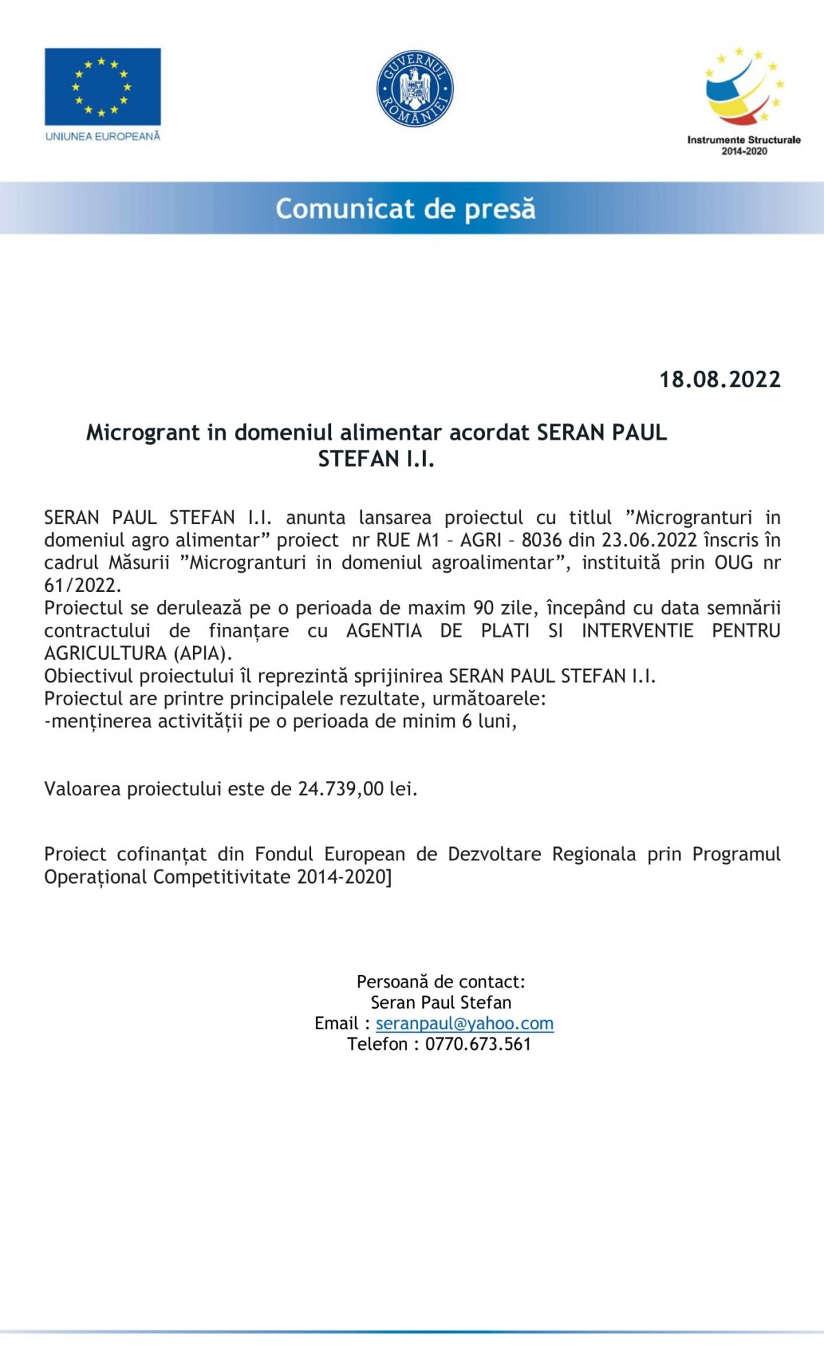 Microgrant in domeniul alimentar acordat SERAN PAUL  STEFAN I.I.