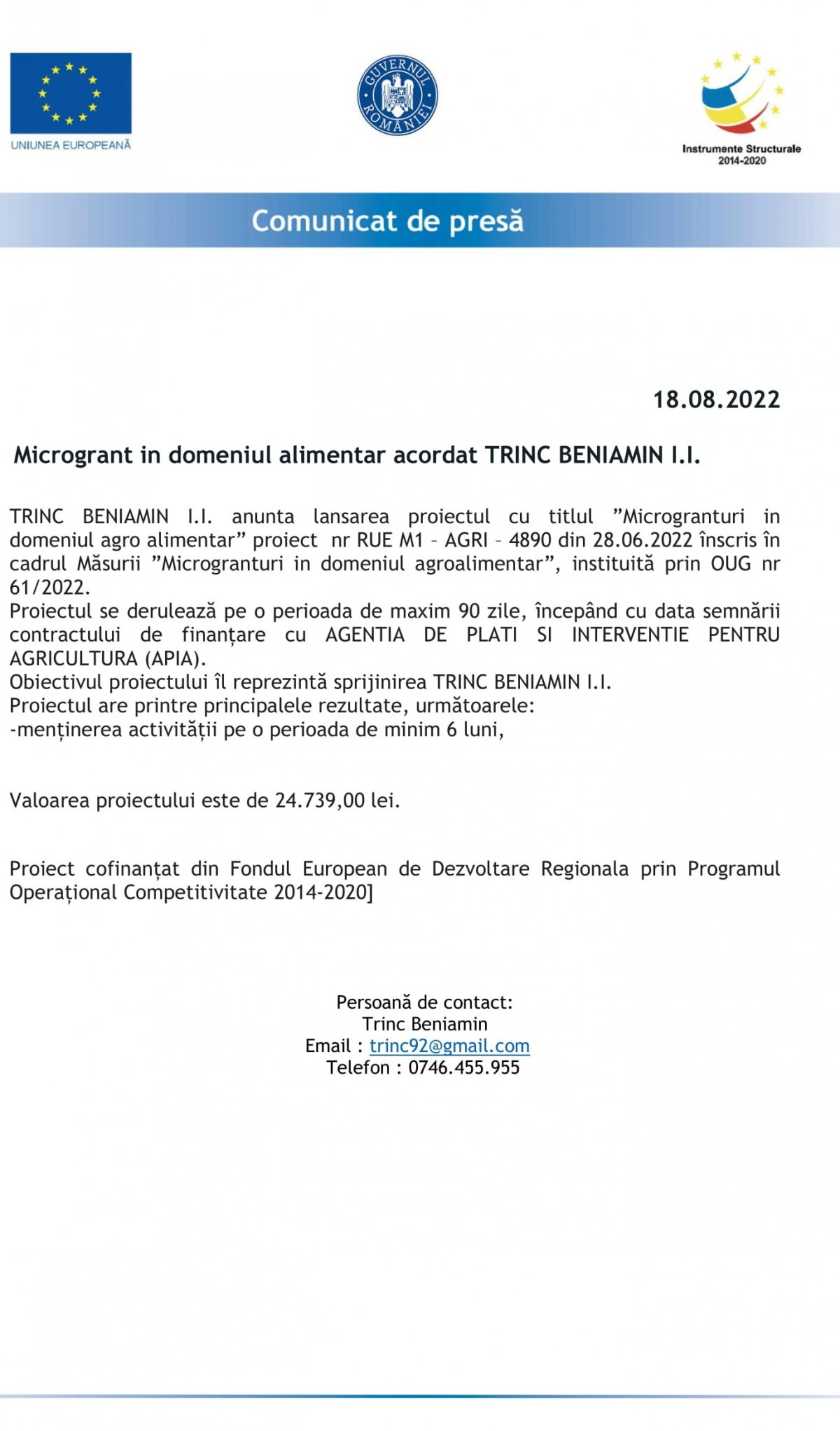 Microgrant in domeniul alimentar acordat TRINC BENIAMIN I.I.