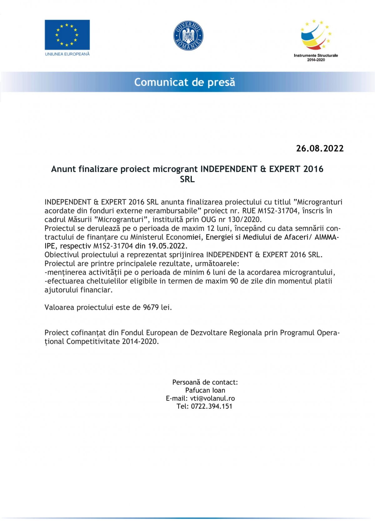 Anunt finalizare proiect microgrant INDEPENDENT & EXPERT 2016 SRL