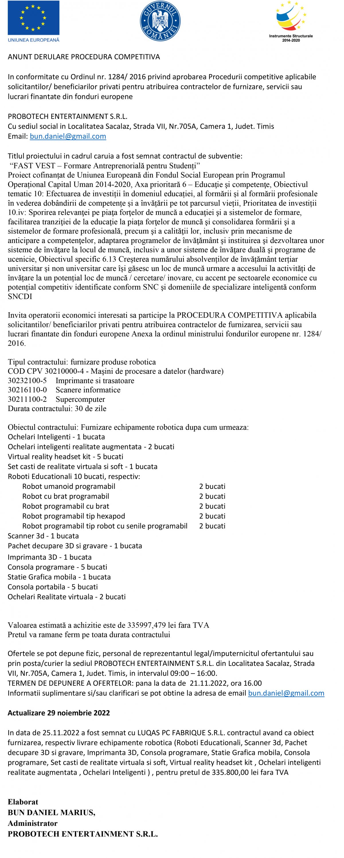 ANUNT DERULARE PROCEDURA COMPETITIVA