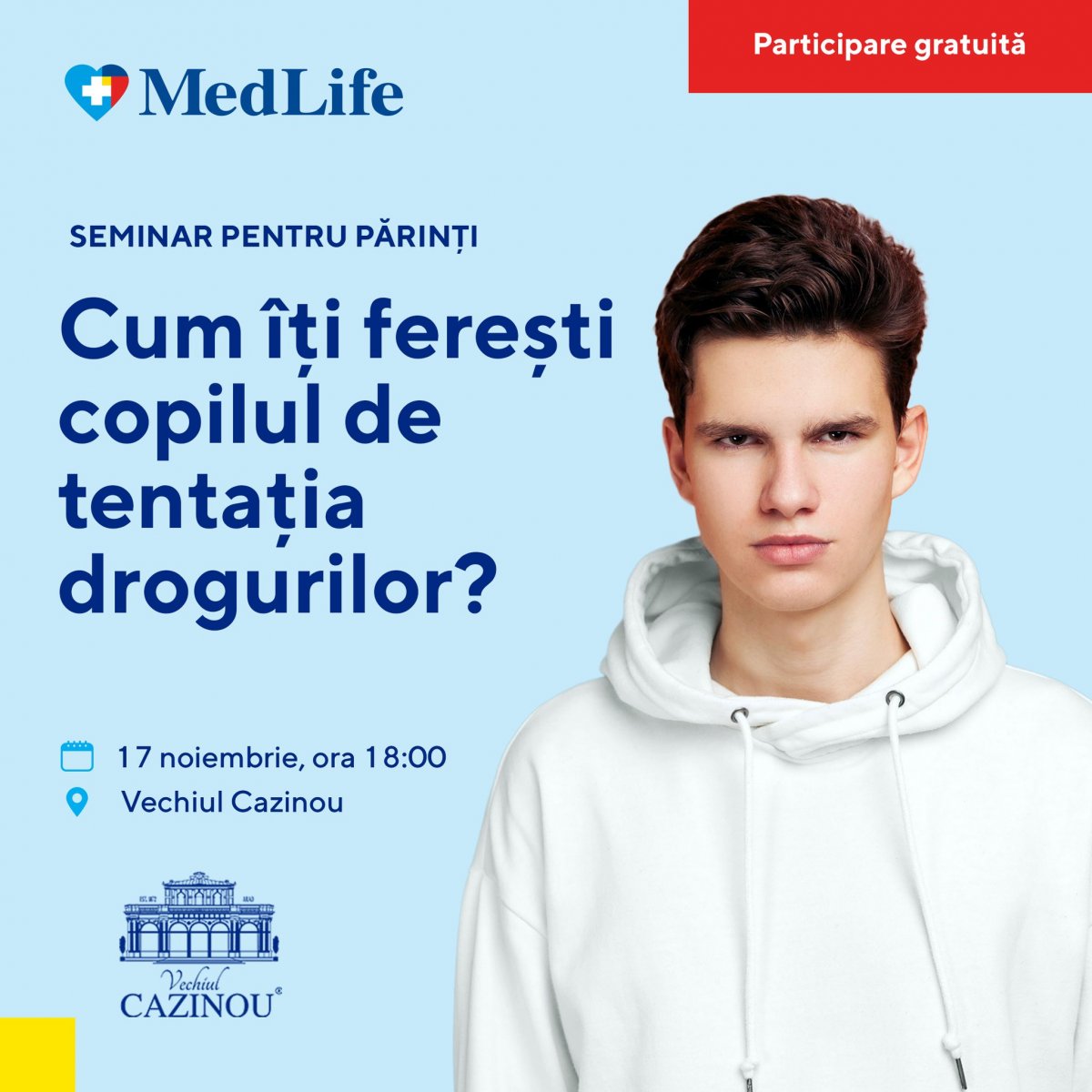 Seminarul „Cum îți ferești copilul de tentația drogurilor?” are loc, astăzi, la Vechiul Cazinou 