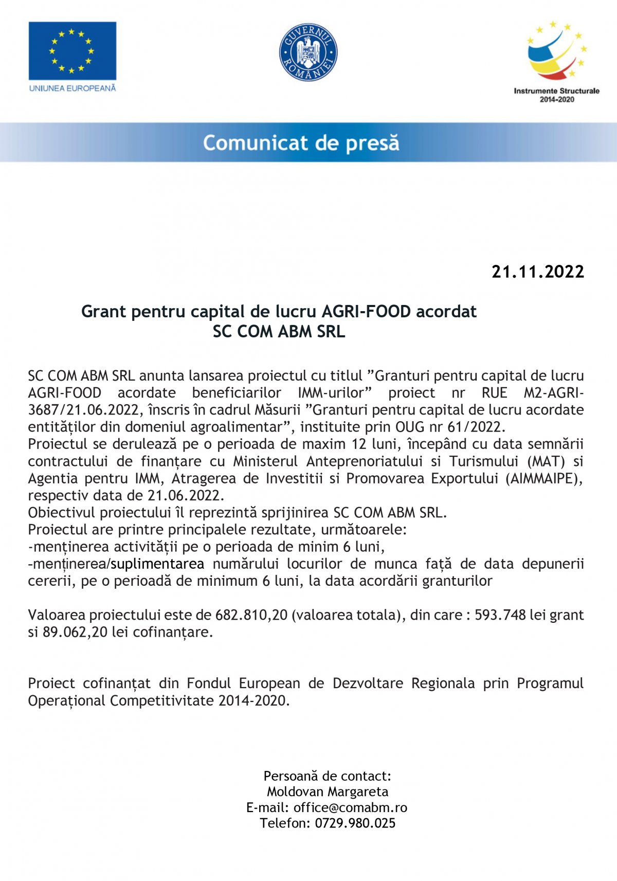 Grant pentru capital de lucru AGRI-FOOD acordat SC COM ABM SRL