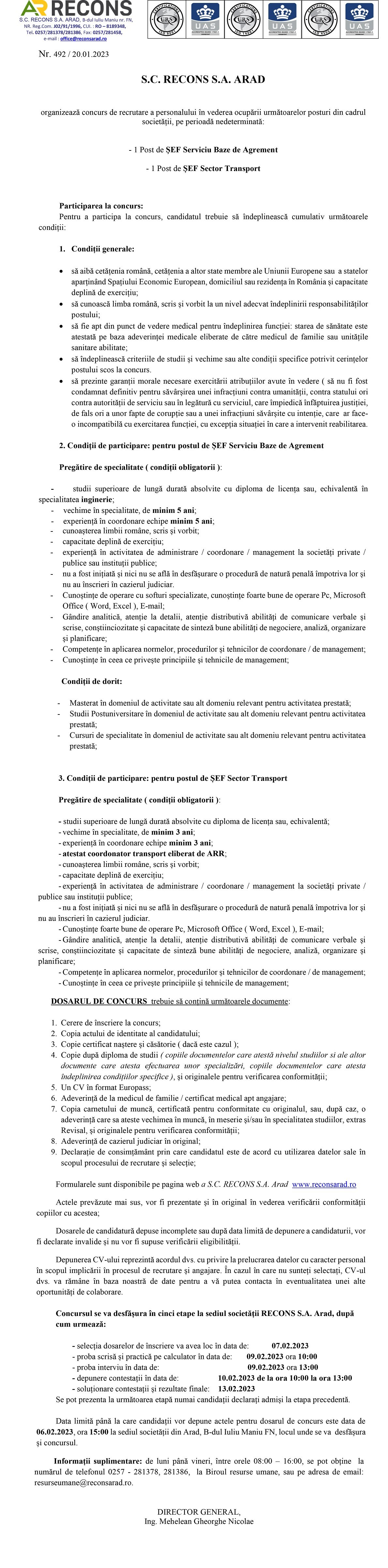 S.C. RECONS S.A. ARAD organizează concurs de recrutare a personalului în vederea ocupării următoarelor posturi