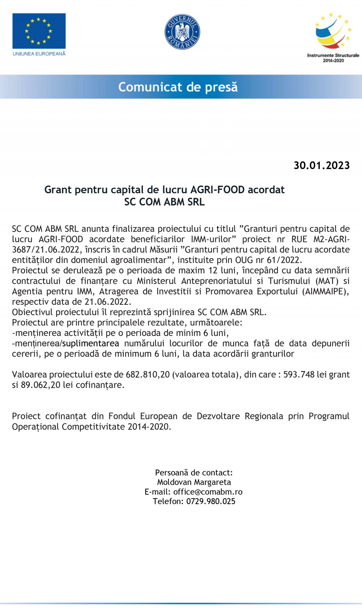 Grant pentru capital de lucru AGRI-FOOD acordat  SC COM ABM SRL