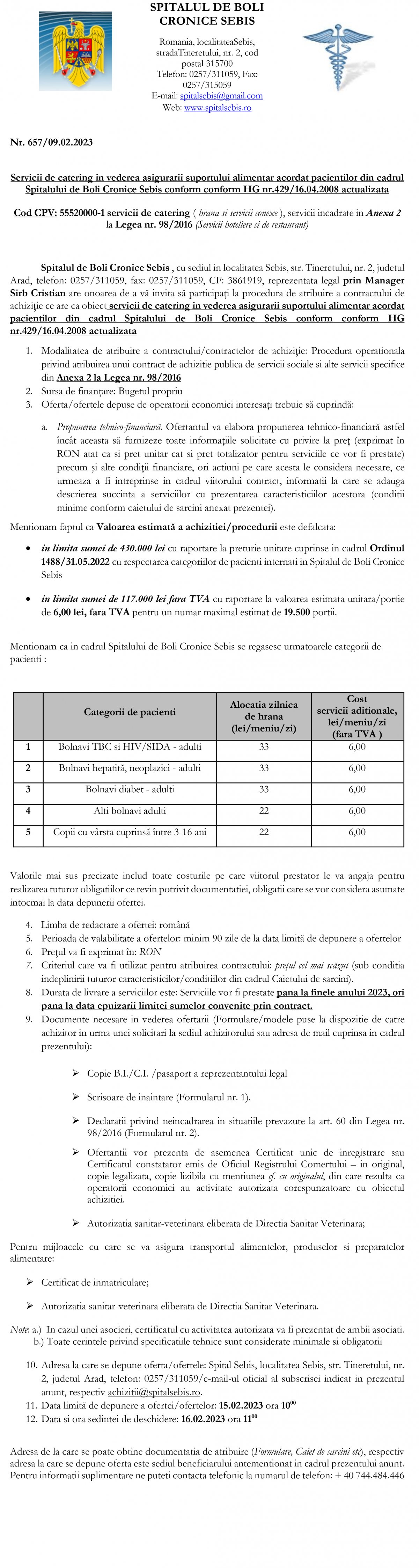 ANUNȚ SPITALUL DE BOLI CRONICE SEBIȘ