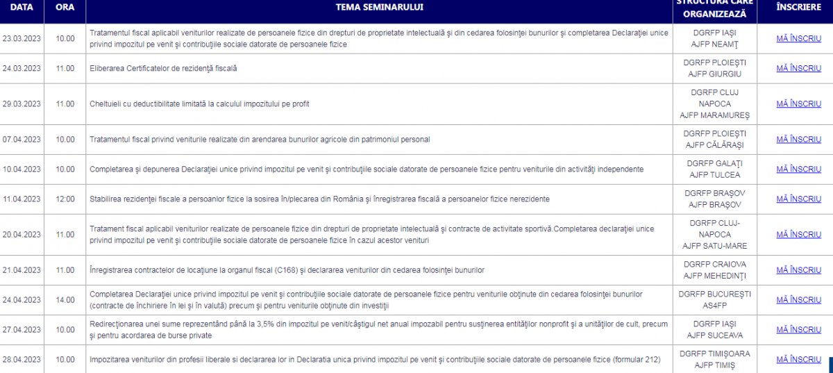  Lista seminariilor web pentru luna aprilie, publicată pe portalul ANAF