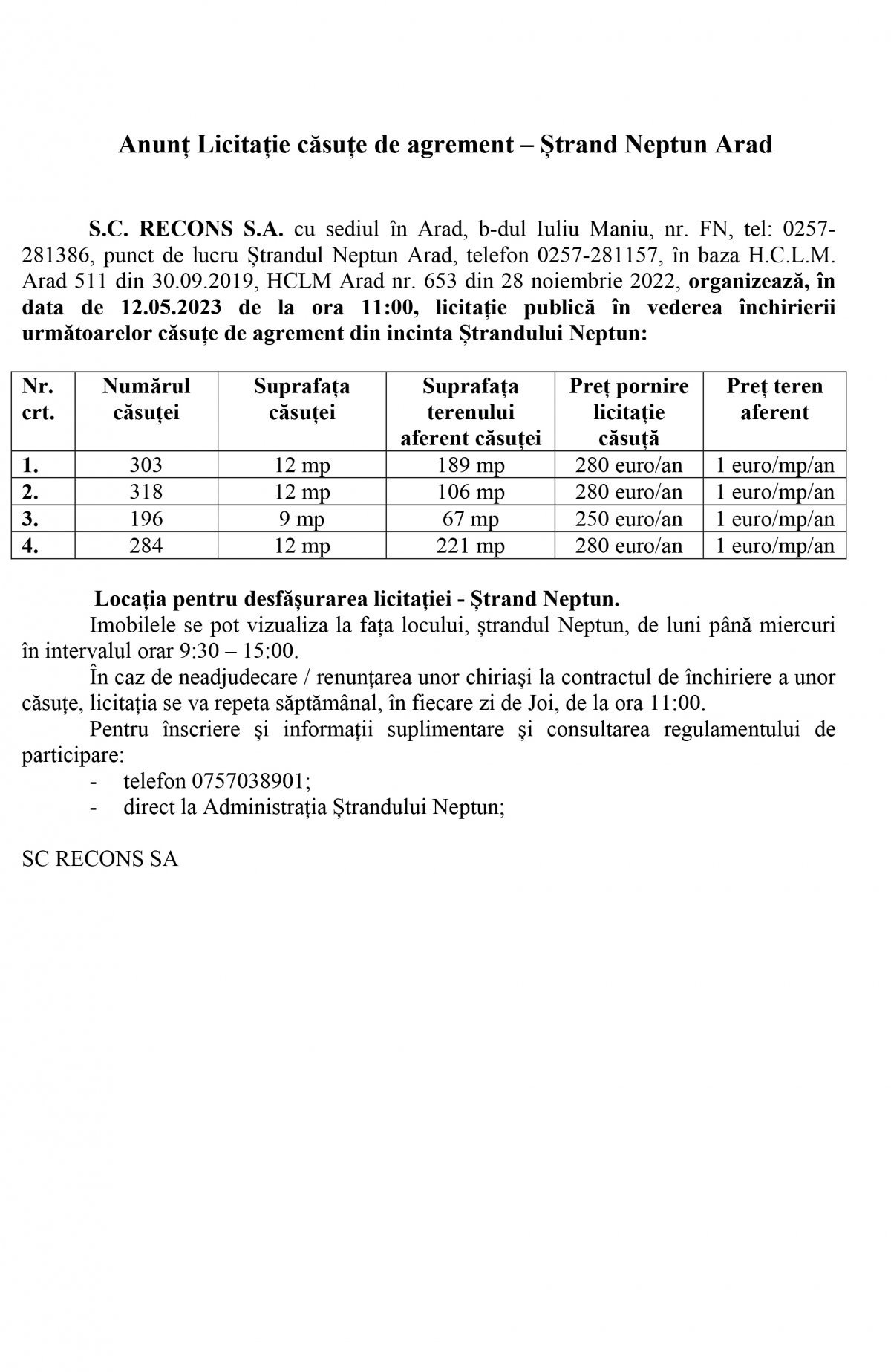 Anunț Licitație căsuțe de agrement – Ștrand Neptun Arad