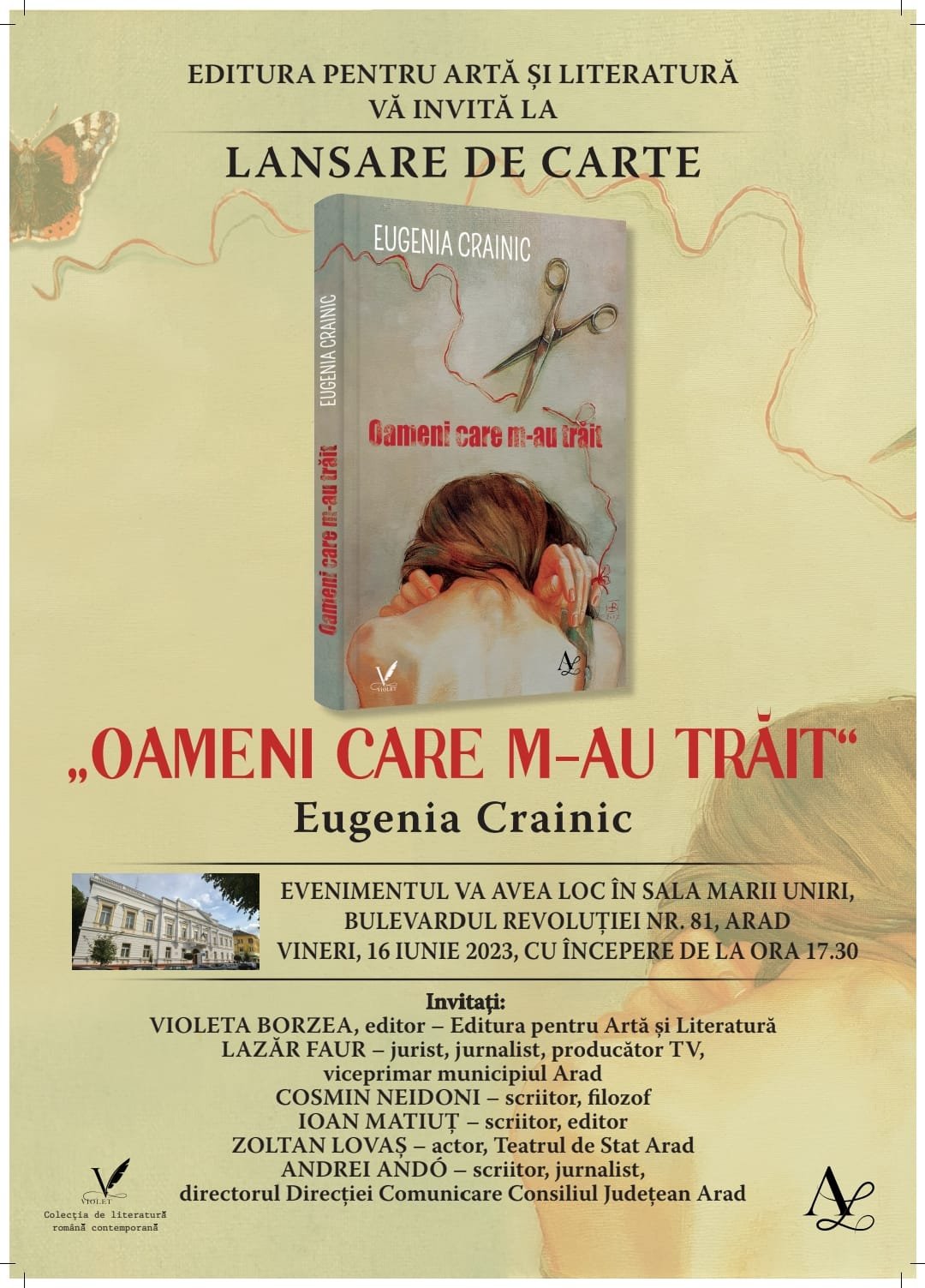 Eugenia Crainic lansează Vineri la Arad volumul de proză scurtă  „Oameni care m-au trăit”