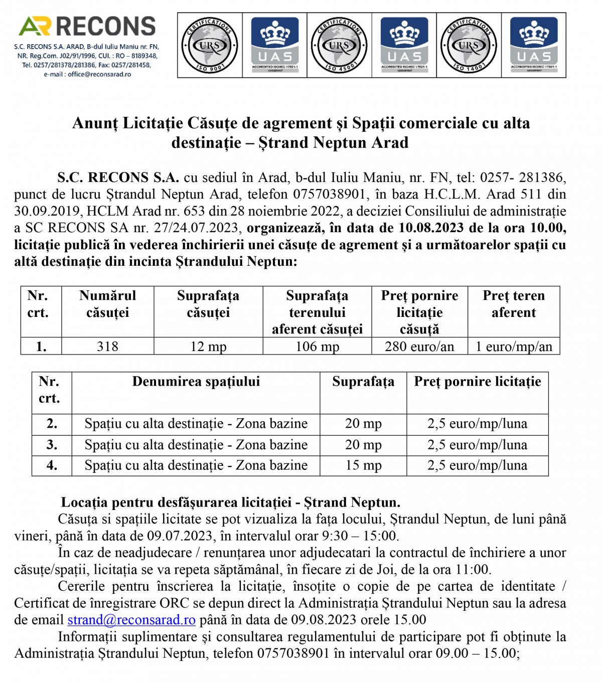 Anunț Licitație Căsuțe de agrement și Spații comerciale cu alta destinație – Ștrand Neptun Arad