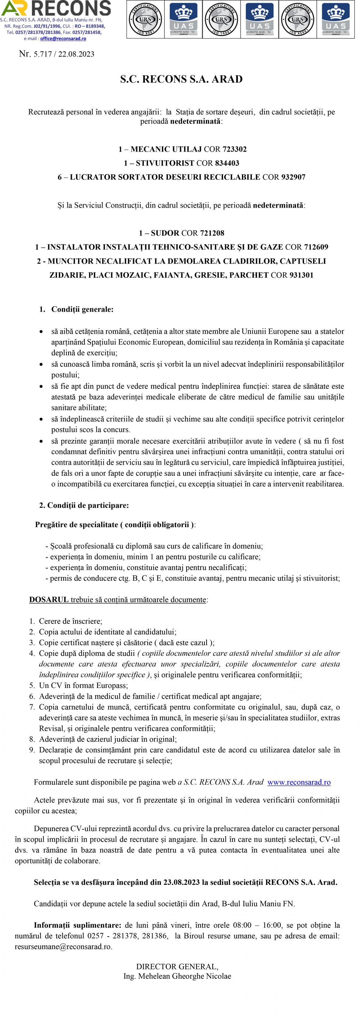 ANUNȚ DE RECRUTARE