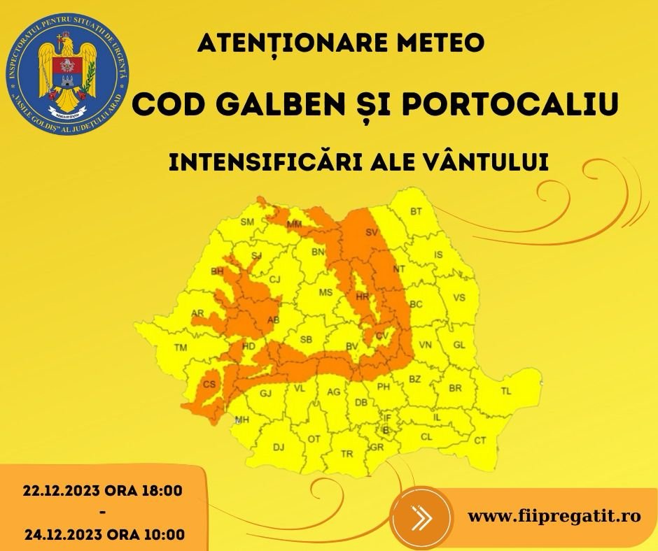 Avertizare de cod galben și portocaliu de vânt