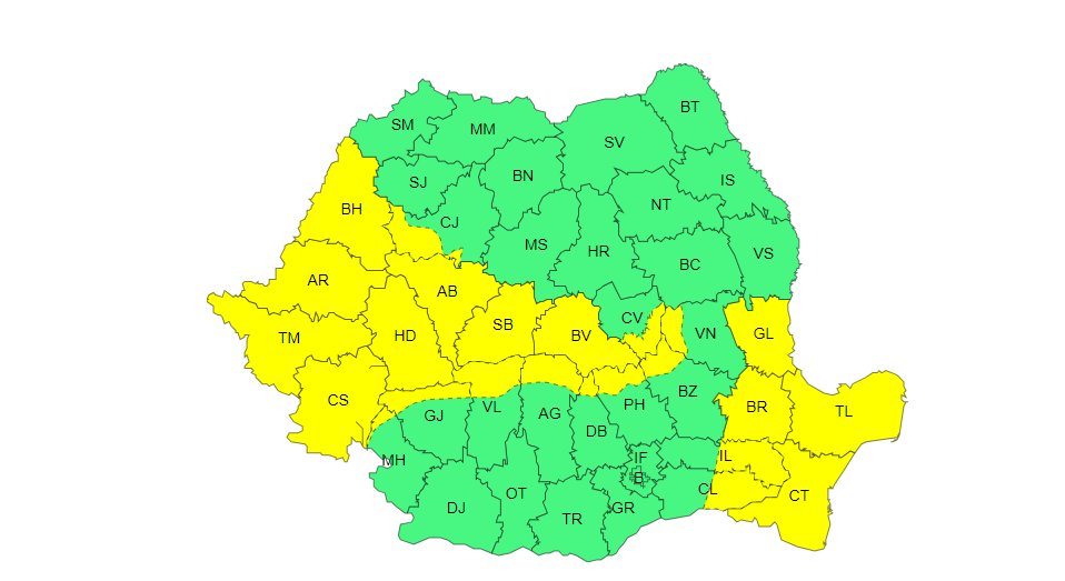 Cod galben de vânt; în zonele montane rafalele vor depăși 90-100 km/h