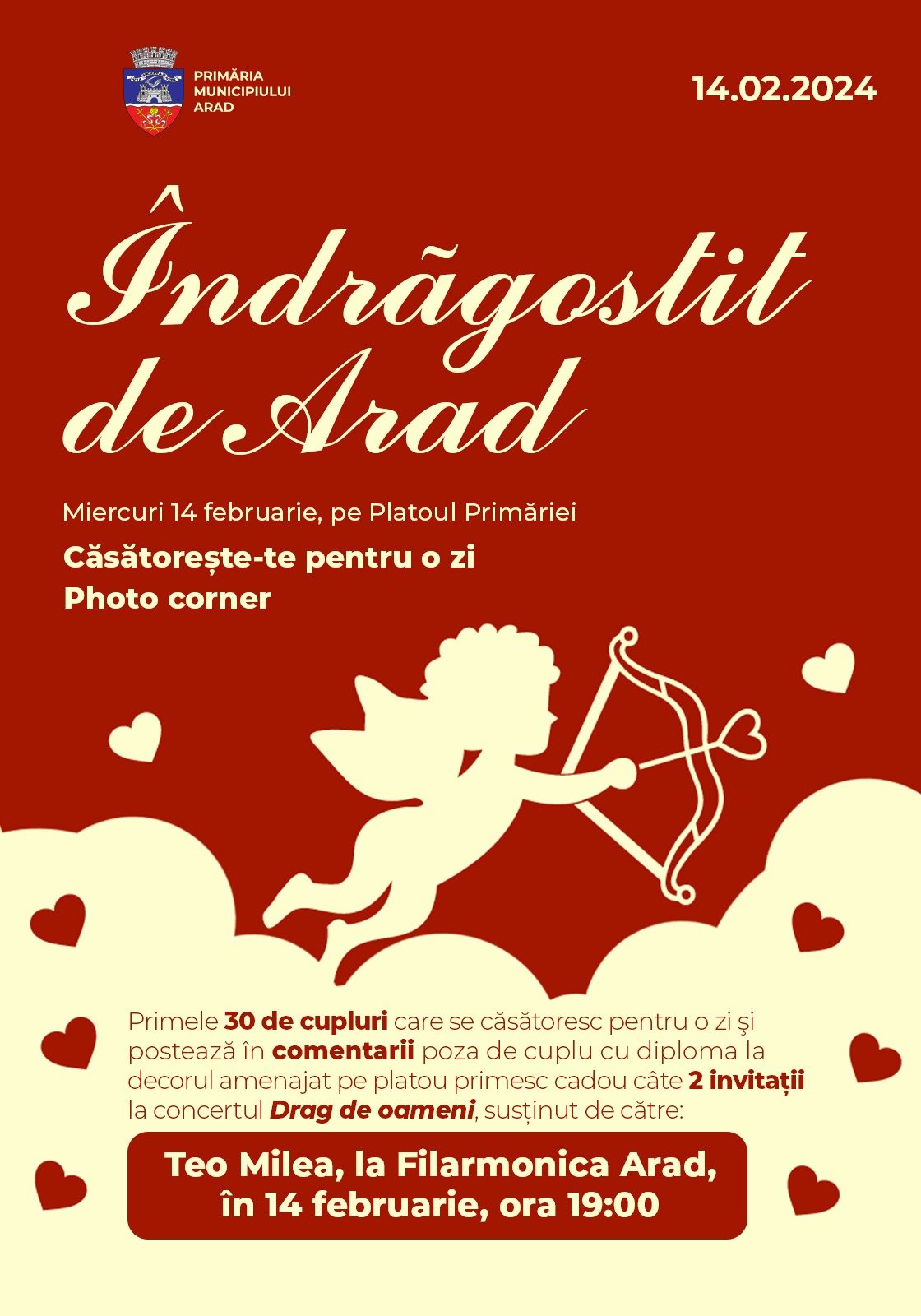 Sărbătorim dragostea la Arad: cuplurile de îndrăgostiți sunt așteptate în fața Primăriei să se căsătorească... pentru o zi