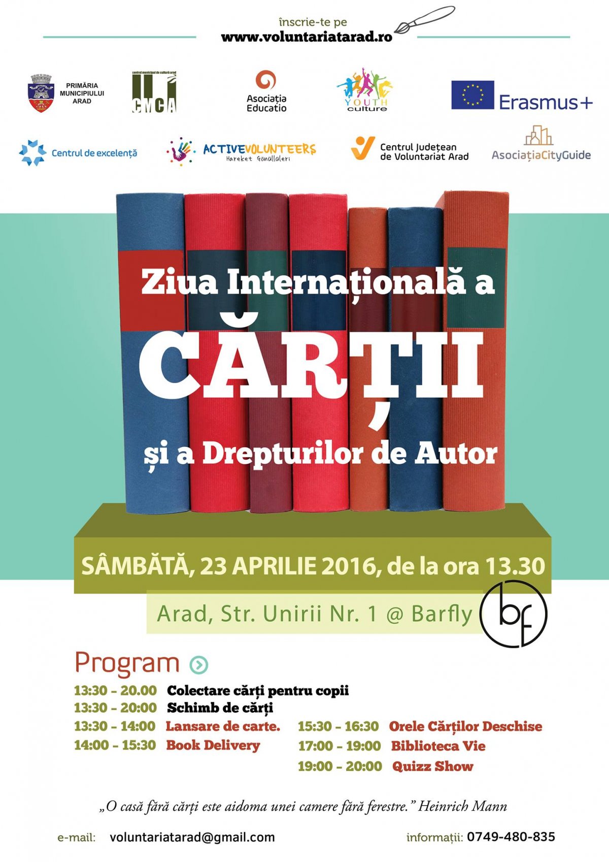 Ziua Internațională a Cărții și a Dreptului de Autor sâmbătă la Arad