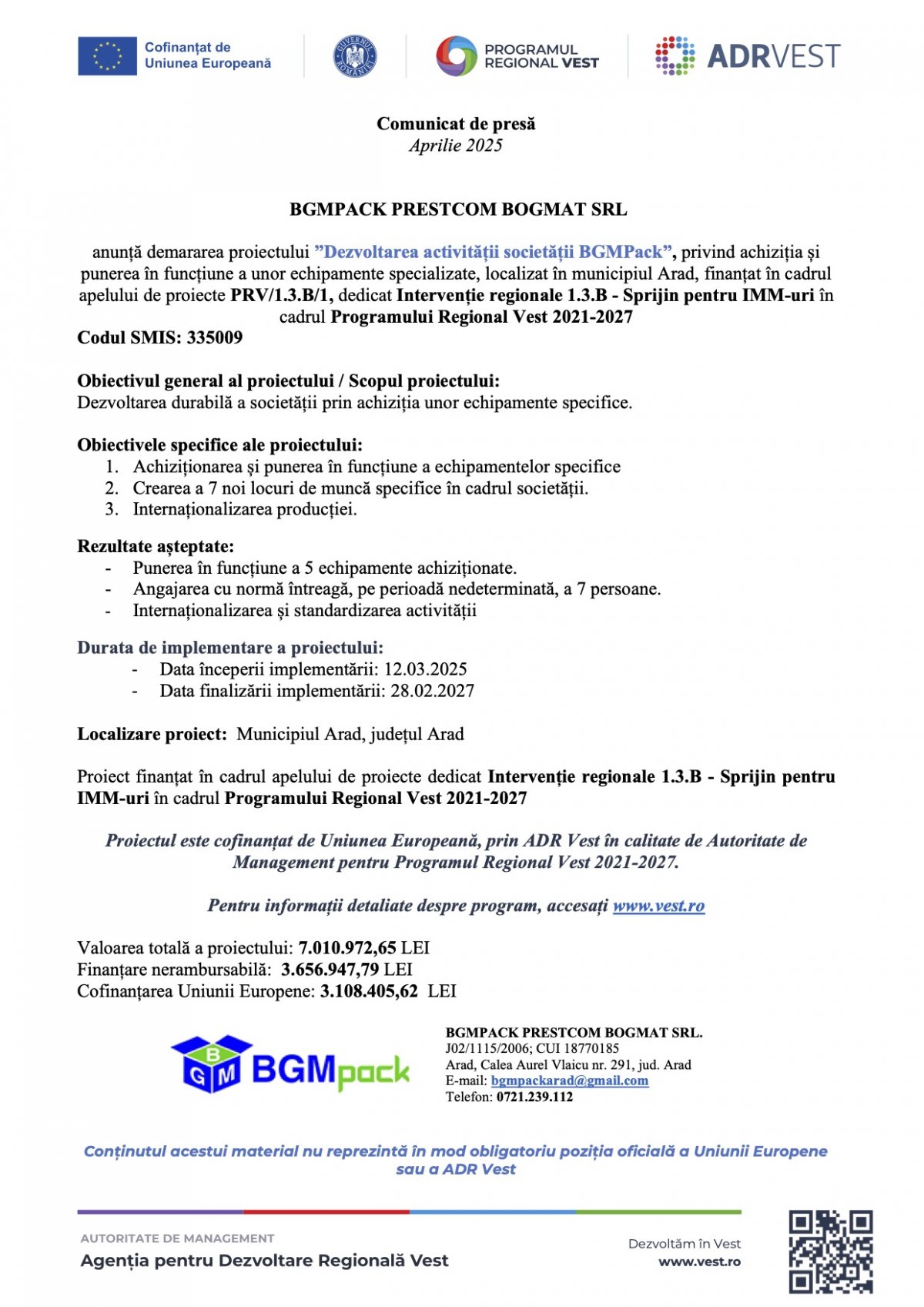 ANUNȚ BGMPACK PRESTCOM BOGMAT SRL