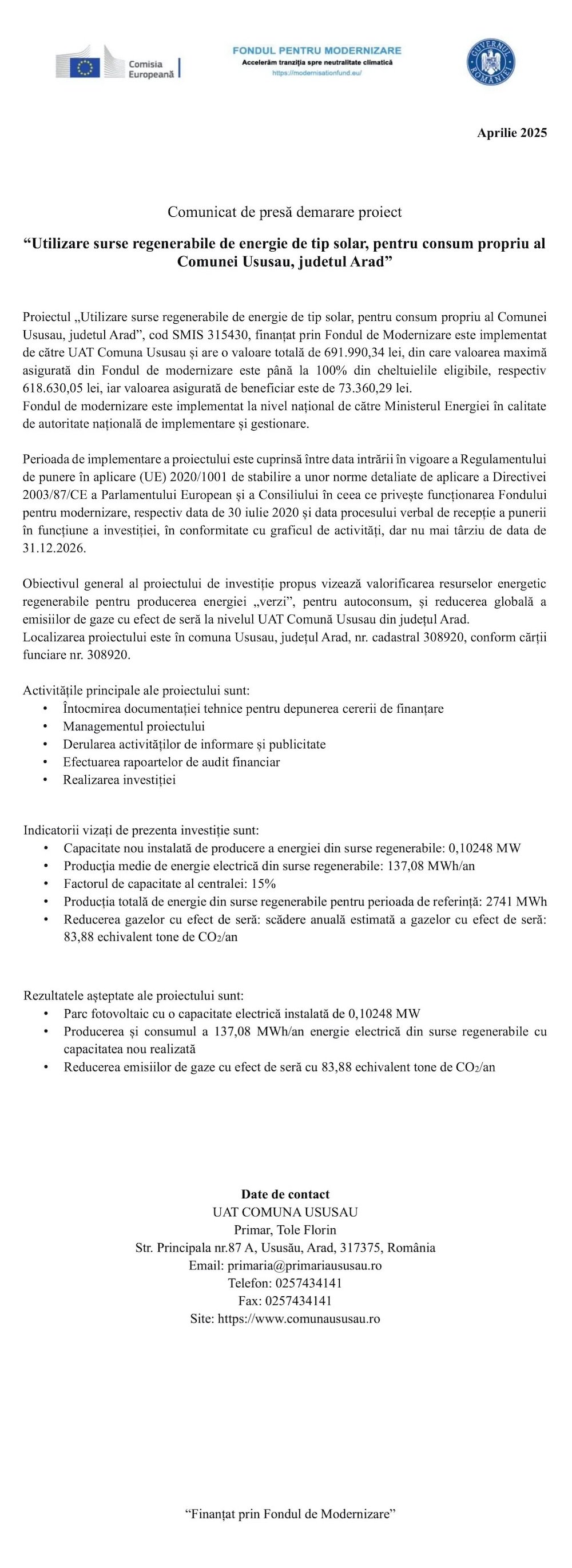 Comunicat de presă demarare proiect “Utilizare surse regenerabile de energie de tip solar, pentru consum propriu al Comunei Ususau, judetul Arad”