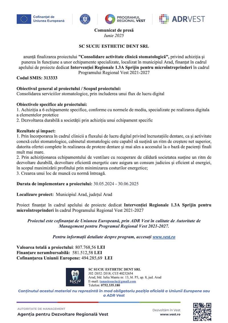 Comunicat de presă SC SUCIU ESTHETIC DENT SRL