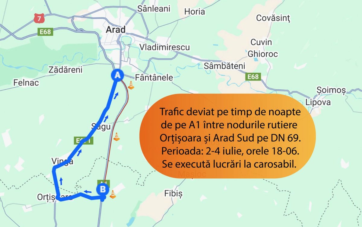 Trafic deviat de pe autostradă; se fac lucrări pe timp de noapte între nodul rutier Orțișoara și nodul rutier Arad Sud