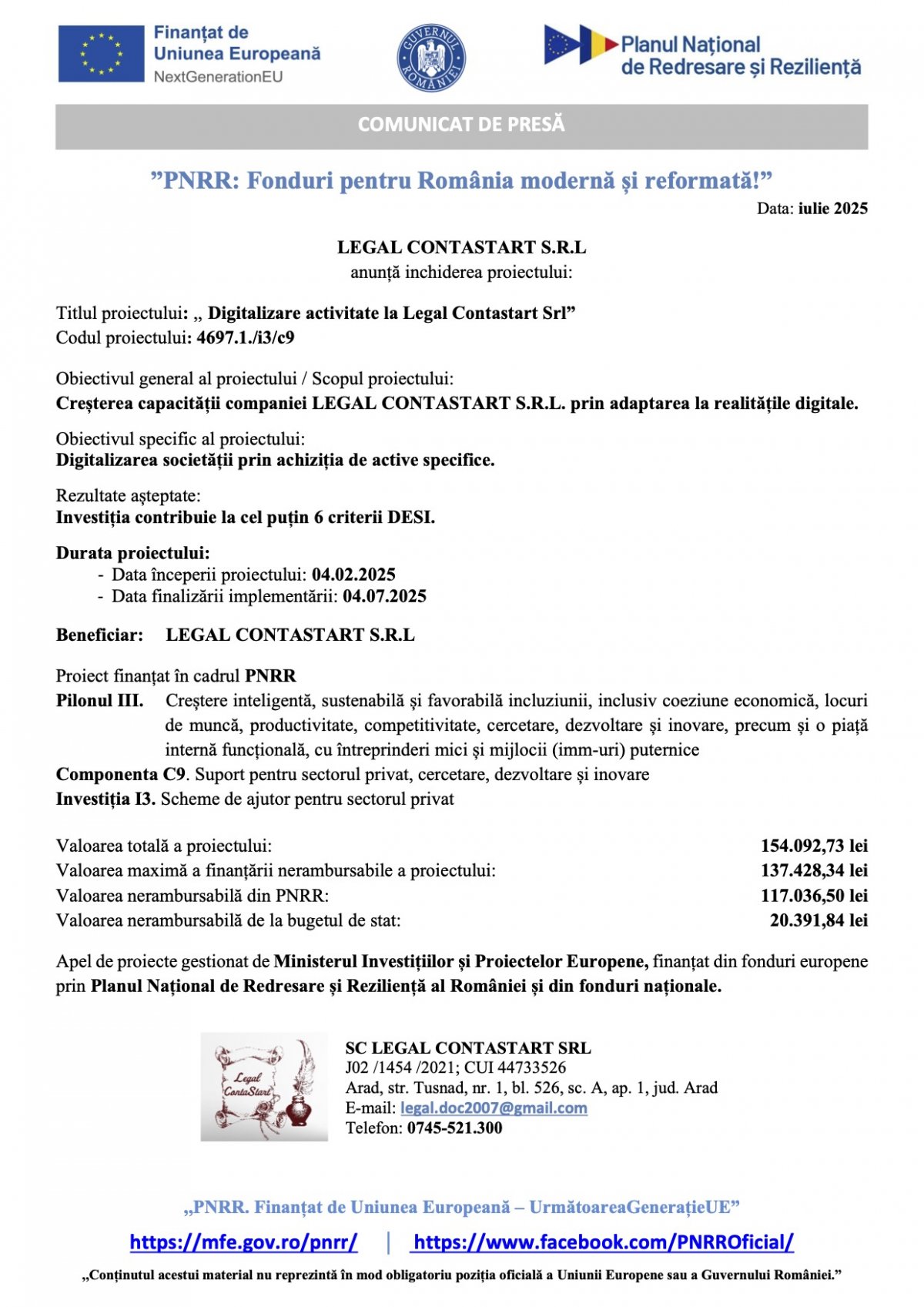Anunț închidere proiect