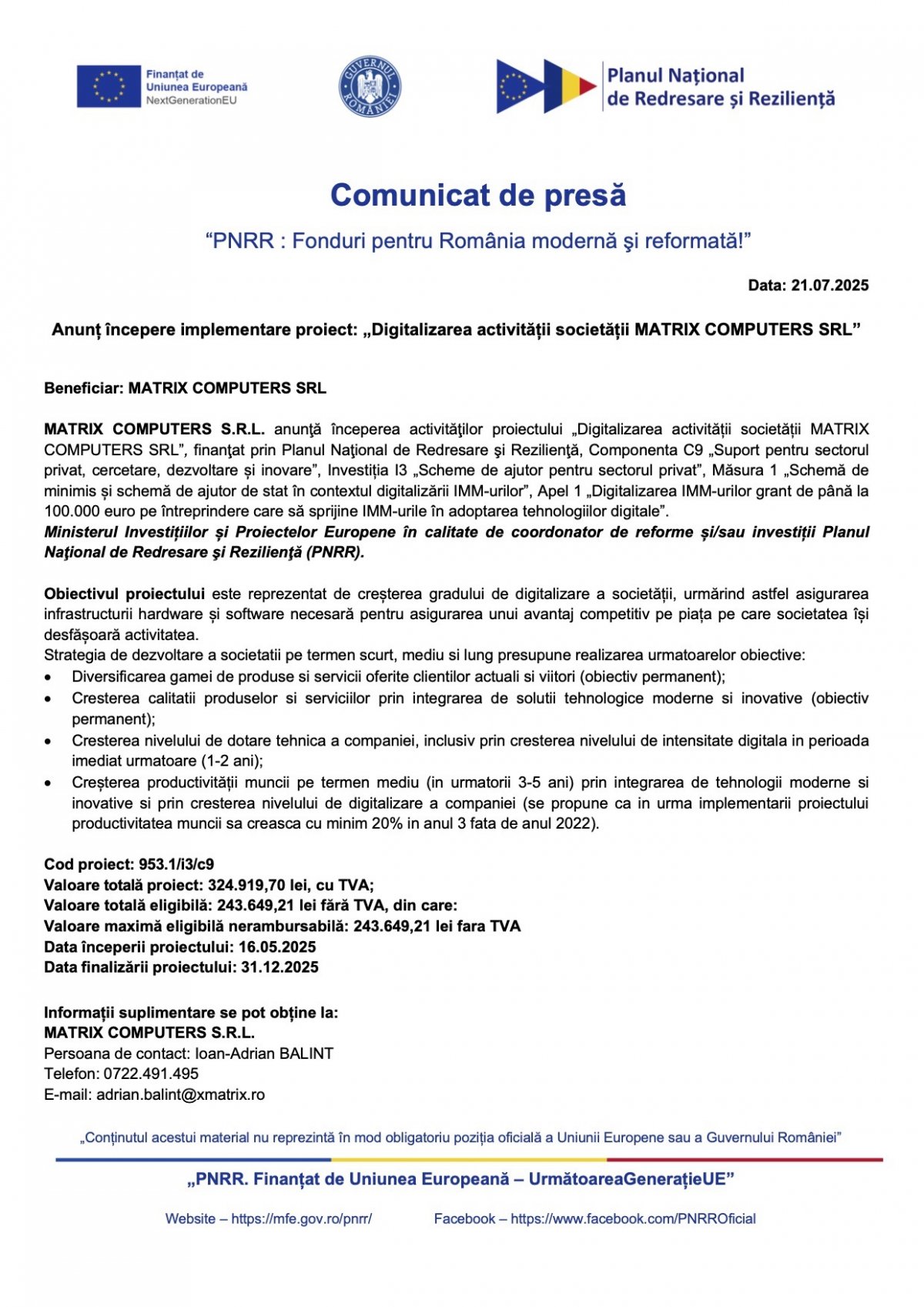 Anunț începere implementare proiect: „Digitalizarea activității societății MATRIX COMPUTERS SRL”