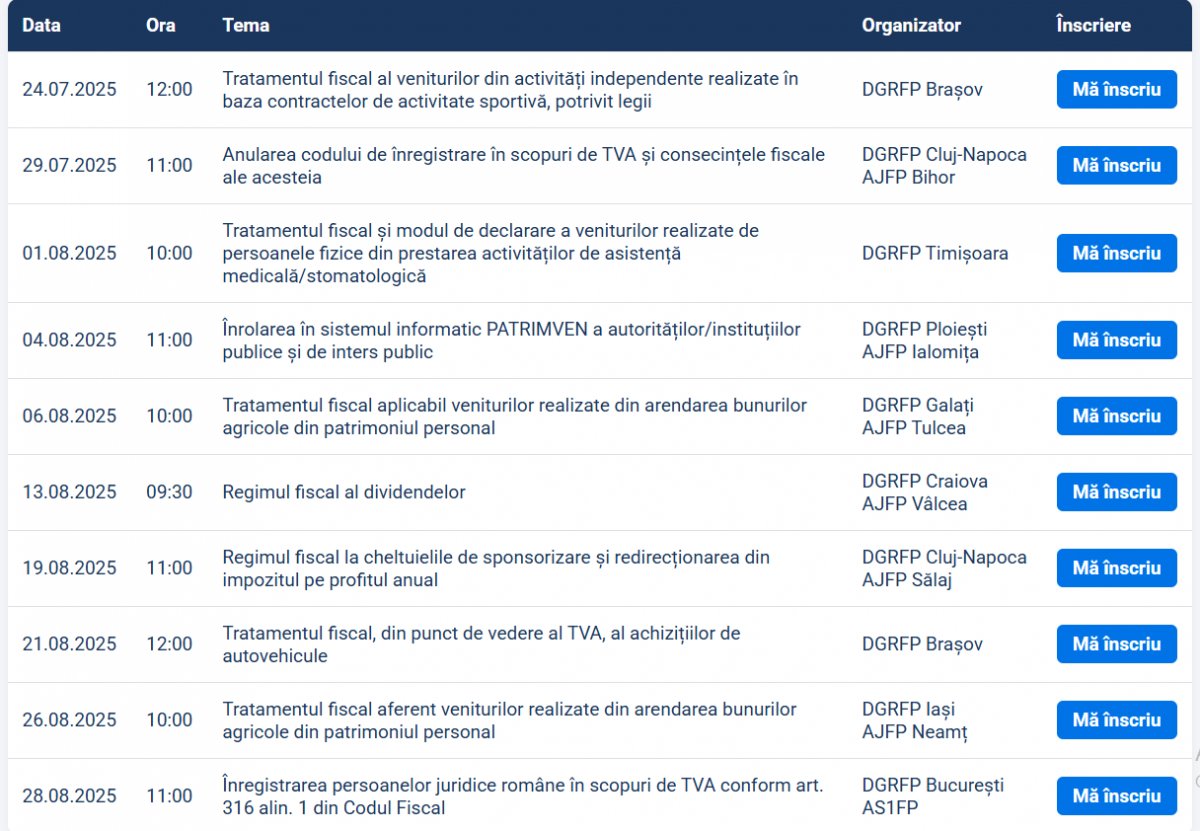 Lista seminariilor web pentru luna august, publicată pe portalul ANAF