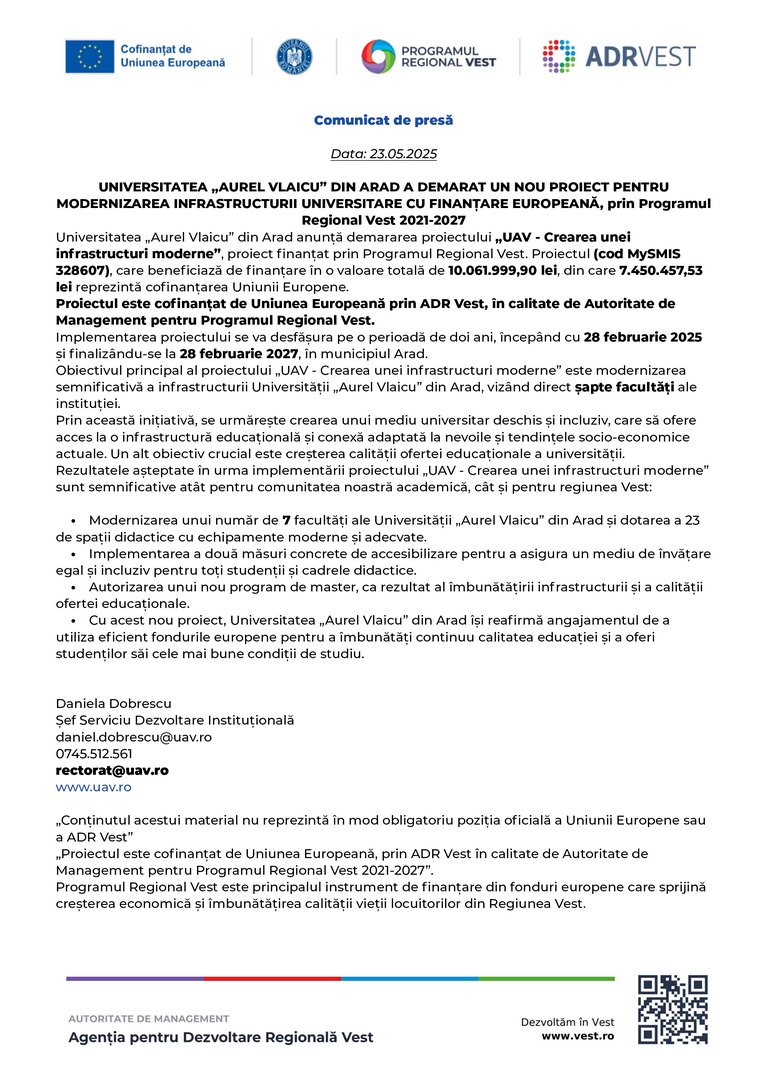 UNIVERSITATEA „AUREL VLAICU” DIN ARAD A DEMARAT UN NOU PROIECT PENTRU MODERNIZAREA INFRASTRUCTURII UNIVERSITARE CU FINANȚARE EUROPEANĂ, prin Programul Regional Vest 2021-2027 