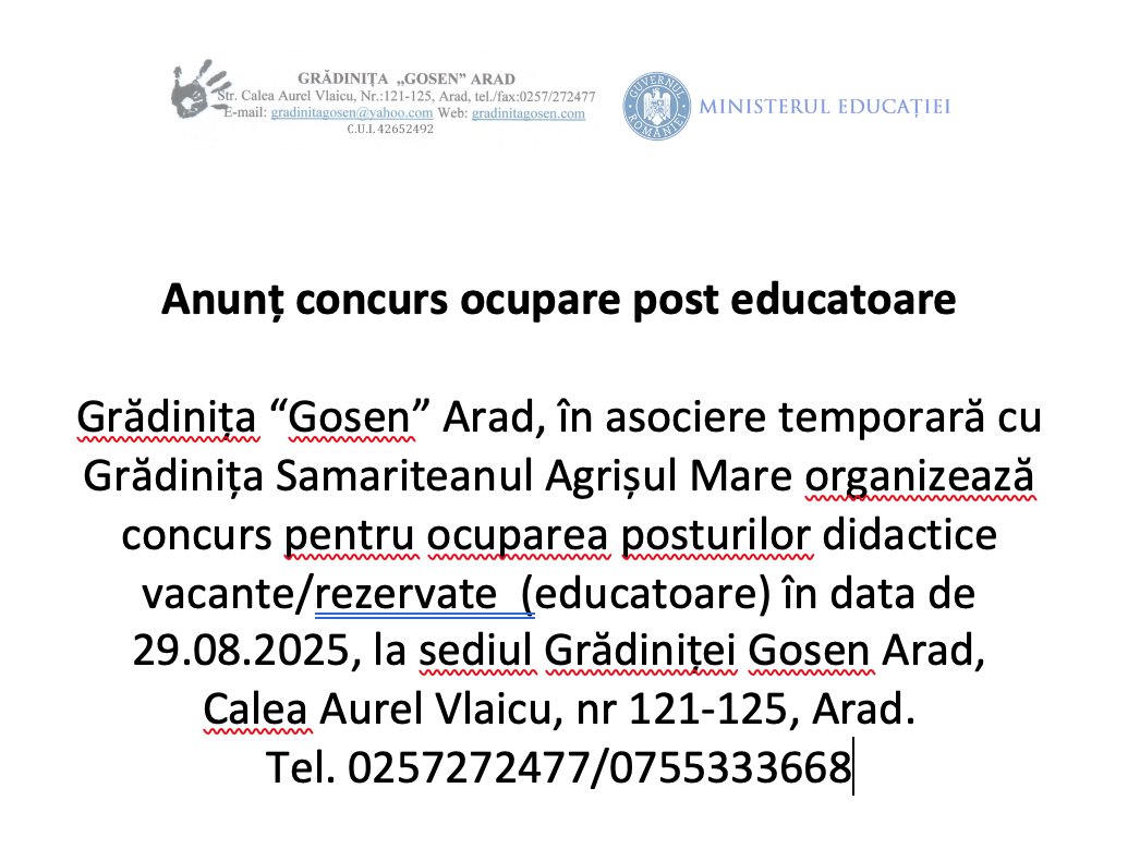 Anunț concurs ocupare post educatoare