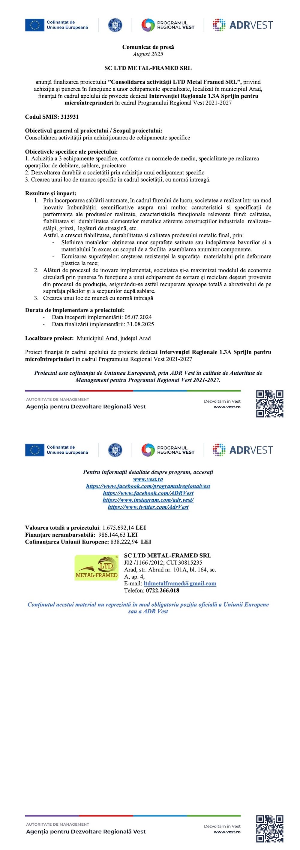 Comunicat de presă finalizare proiect SC LTD METAL-FRAMED SRL