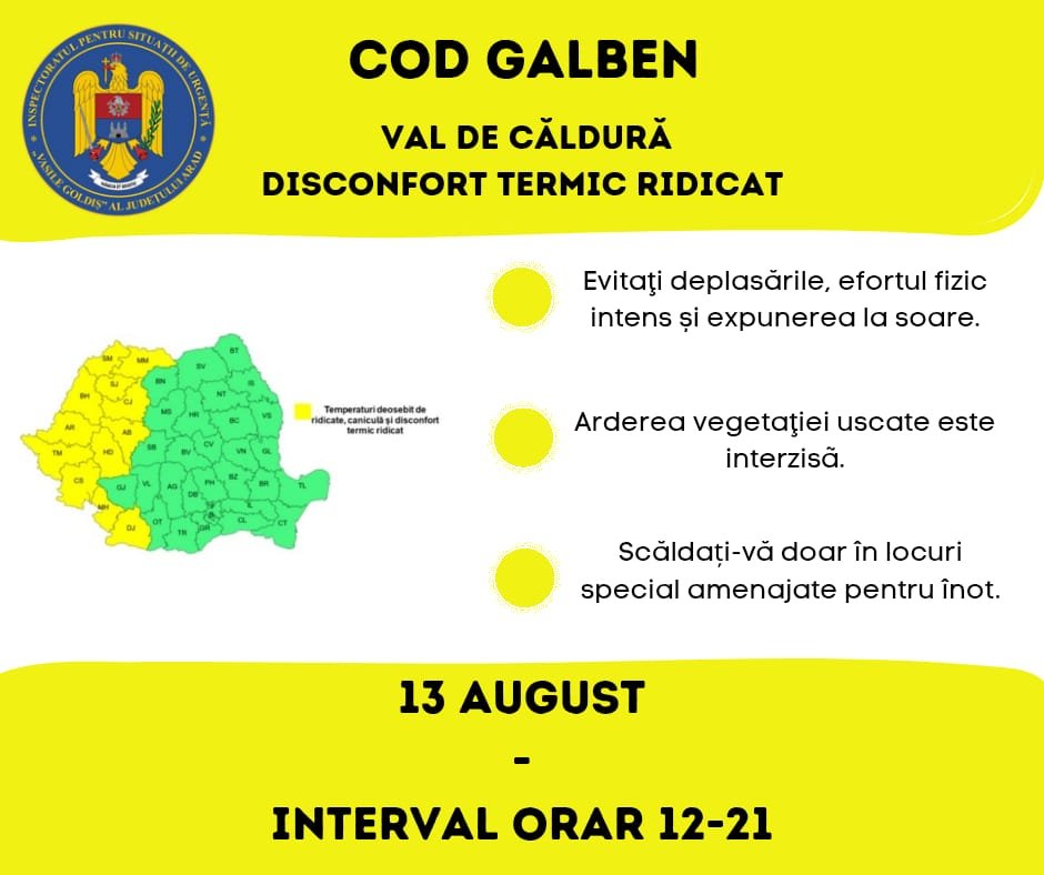  COD GALBEN de caniculă până la ora 21,00 pe raza județului Arad